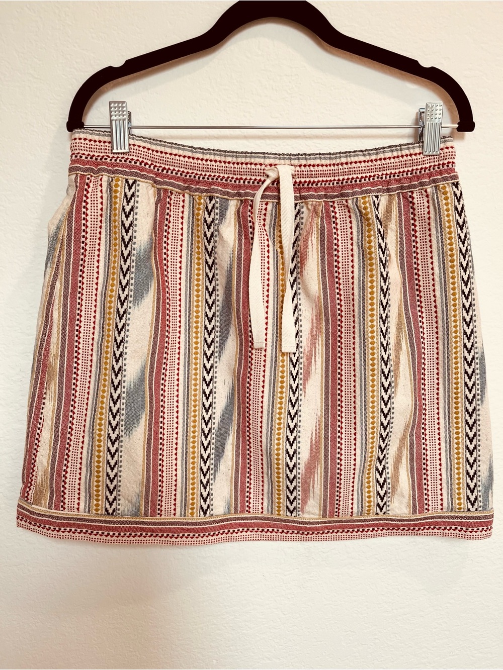 dylan 100% Cotton  Festive Mini Skirt with Red, Yellow, Black & Cream Stripe